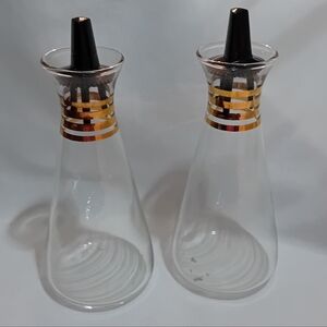 Vintage Pyrex Glass Oil And Vinegar Cruets Dispensers with Gold Accents